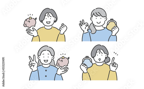 女性のイラストセット 貯蓄 財布 貯金箱