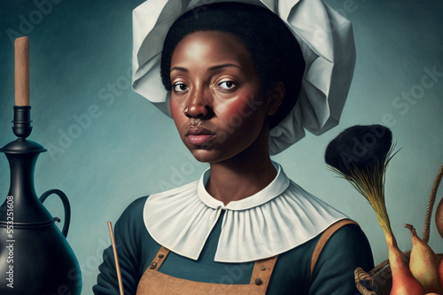 Generative AI portrait of black woman. Artistic rappresentation of black woman during colonialism.