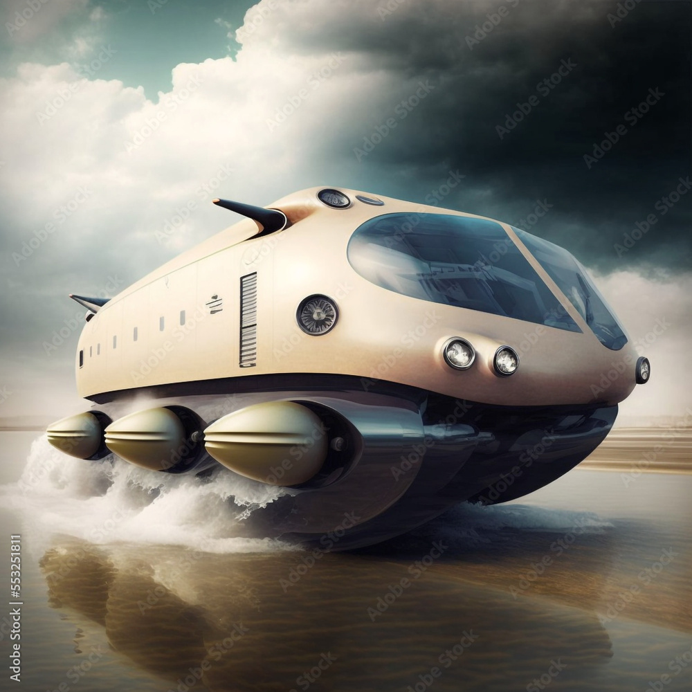 Generative AI amphibious vehicle exploring. Space travel and exploration concept.