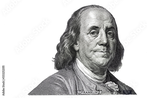 Benjamin Franklin cut on new 100 dollars banknote isolated photo