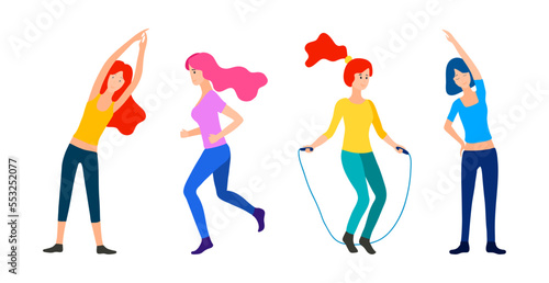 Woman sport activities. Set of women doing sports, running, jogging, jumping rope, fitness. Sport women vector flat illustration isolated on white background in different poses. bright color.