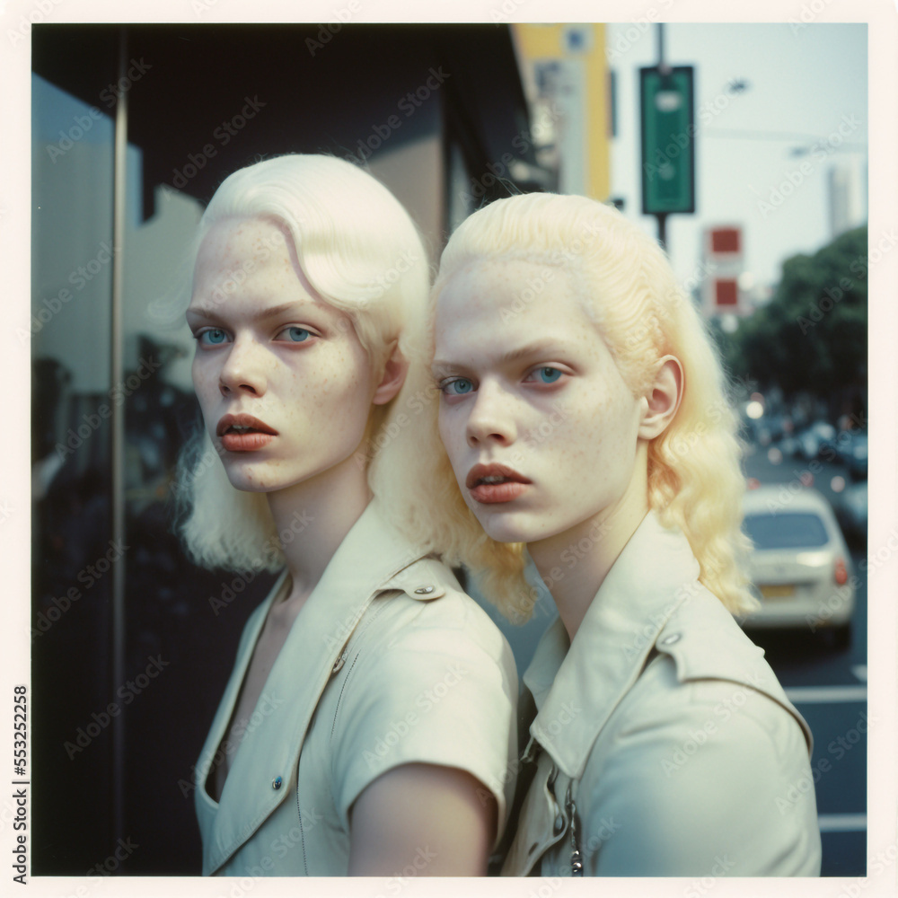 Generative ai albino twins posing outdoors city street looking camera ...