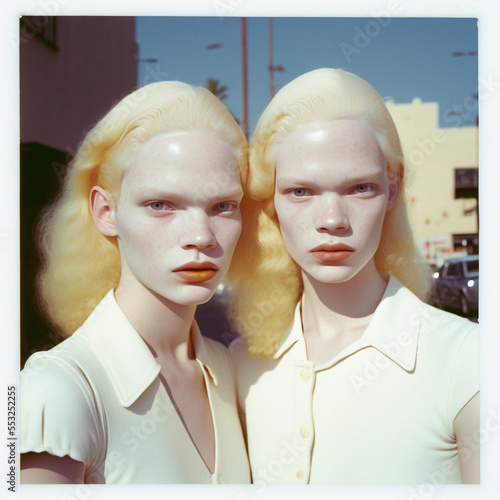 Generative ai albino twins posing outdoors city street looking camera serious bonding