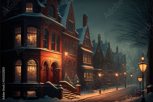 Cozy Christmas City in Winter Night Time with Buildings and Street Warm Lights Generative AI photo
