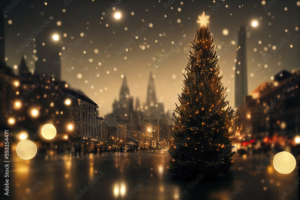 A festive decorated christmas tree in a city at night. Content is created with generative ai