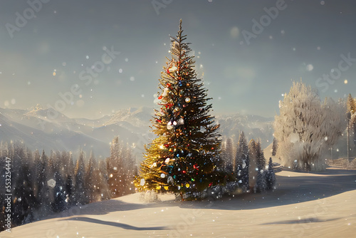 Illustration of a festive christmas tree in front of a snowy winter landscape. Content is created with generative ai photo