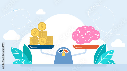 Brain and money on the scale. Mental health concept. Idea and money stack balance on libra. Mechanism to compare value of brainwork and money on scales. Idea is money concept. Vector illustration