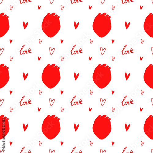 Vector pattern with red hearts and love lettering on white background. Seamless illustration with doodles and line art. Wallpaper for celebration design, banners, templates and other graphic 