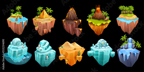 Game island, vector iceberg, volcano, isometric desert Egypt pyramid, 3D floating land, jungle palm. Flying platform waterfall, penguin, summer tropical scene sand dune. Exotic nature game island kit