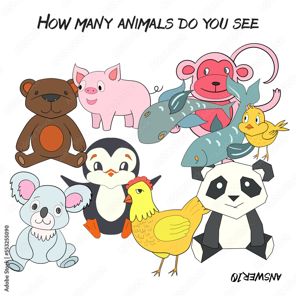 Educational game how many animals do you see PNG illustration with transparent background