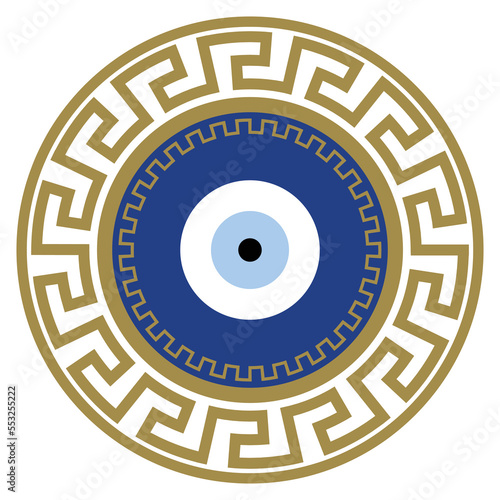 Greek meander Turkish evil eye. Mandala greek evil eye. Symbol of protection in Turkey, Greese, Cyprus. Blue Turkish Fatima's Eye. Amulet from evil eye. Nazar. Magic item, attribute