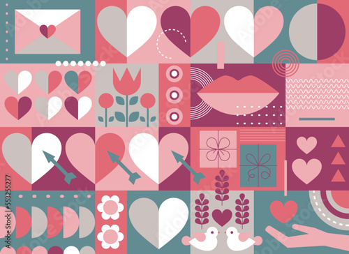 Valentines Day banner template. Special offer layout in bauhaus style with geometric elements, symbols. Modern trendy design for flyers, ads, vouchers, promo offers. Vector Valentines marketing. Love