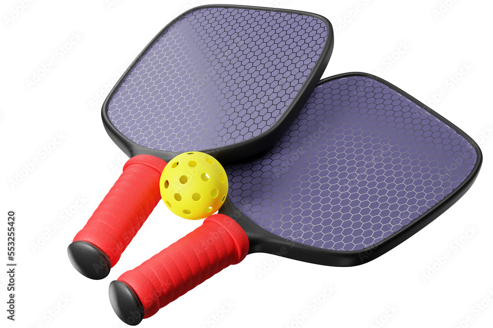 A ball with holes for a pickleball and two paddle rackets on a