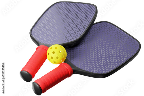 A ball with holes for a pickleball and two paddle rackets on a  transparent background. 3d rendering photo