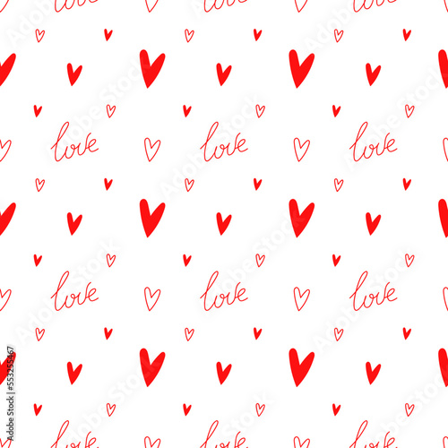 Seamless vector pattern with red hearts and love lettering on white background. Line art illustration with doodles in random size. Wallpaper for celebration design, banners, templates 