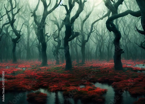 Creepy scarry forest of witch and heroic fantasy burton style old trees and swamp photo