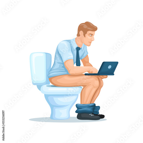 Man using laptop while pooping in toilet. workaholic symbol cartoon illustration vector