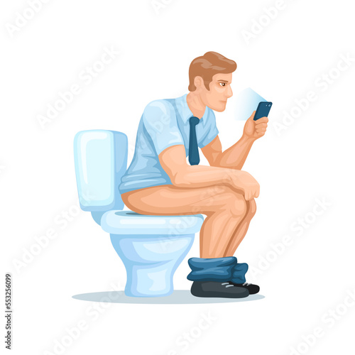 Man using smartphone while pooping. smartphone addiction cartoon illustration vector