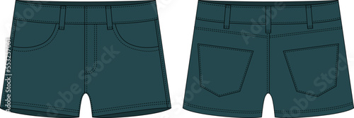 Denim short with pockets technical sketch. Dark green color. Kids jeans shorts design template.