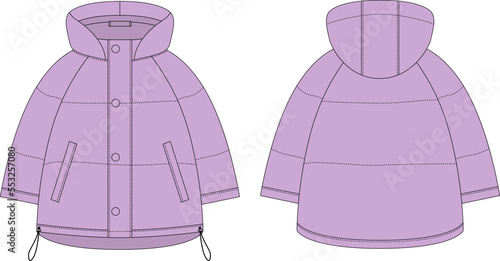 Ooversized raglan puffer winter down coat technical sketch. Pastel purple color.