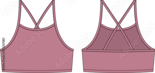 Girl bralette technical sketch. Pudra color. Women's top bra with straps underwear design template.