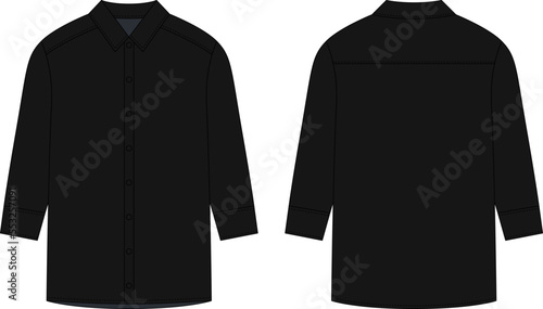 Oversized shirt with long sleeves and buttons technical sketch. Black color.