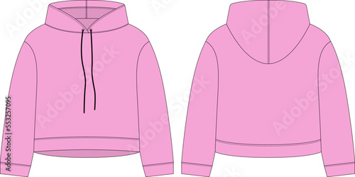 Women crop hoodie technical sketch. Pink color. CAD mockup template hoody.