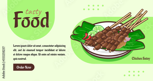 Tasty food banner template of indonesian food chicken satay