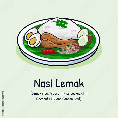 Nasi lemak or coconut milk rice with sambal fried crispy anchovies toasted peanuts and cucumber traditional malaysia food good taste