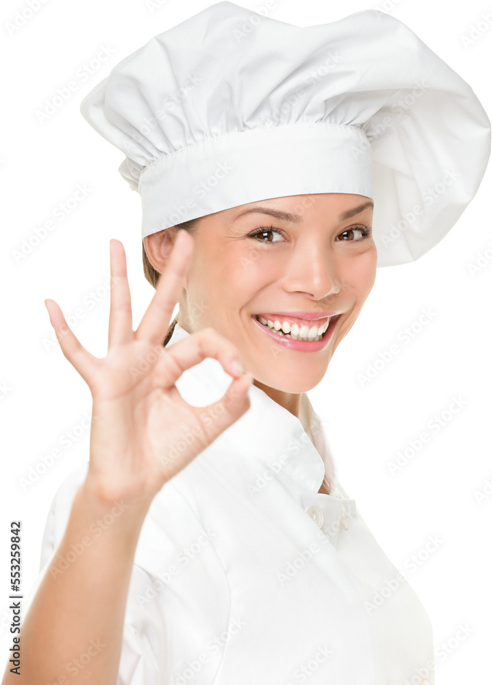 Chef baker or cook showing ok hand sign for perfection. Woman chef happy and proud. Portrait of cook wearing chefs hat isolated cutout PNG on transparent background. Asian Caucasian female model. Chef baker or cook showing ok hand sign for perfection. Woman chef happy and proud. Portrait of cook wearing chefs hat isolated cutout PNG on transparent background. Asian Caucasian female model.
