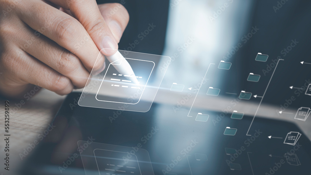 Document Management System (DMS) concept. Businessman using e-pen ...