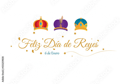 Feliz Día de Reyes - happy epiphany written in Spanish.Wreath of the Three Wise Men on blue background and stars in the background.
