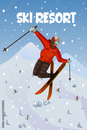 Sportsman skier jumps on skis from a mountain against the backdrop of a winter ski resort and winter mountain peaks. illustration isolated illustration