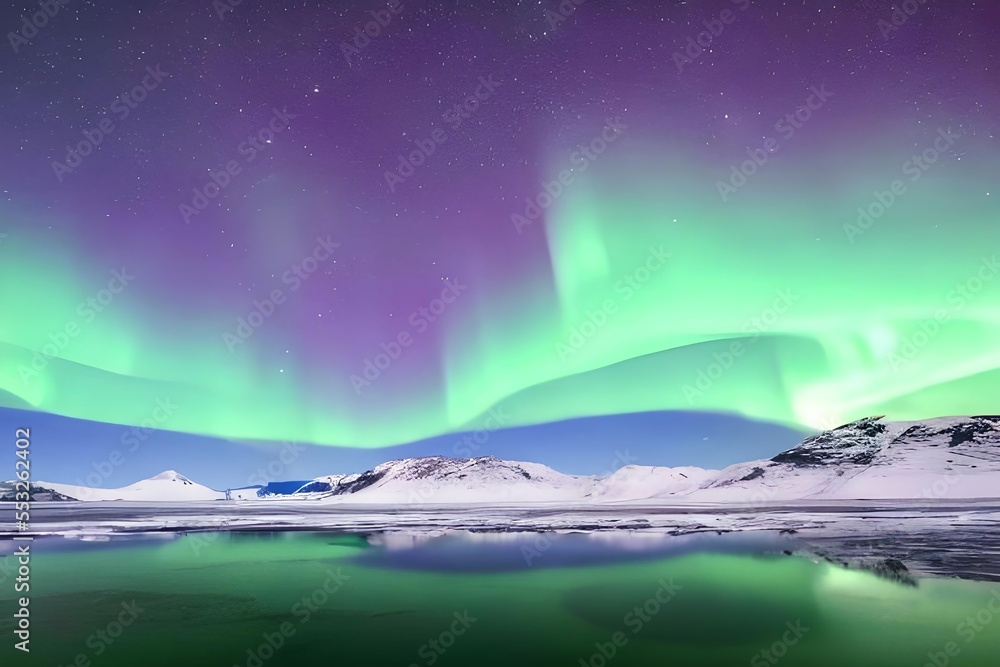 Breathtaking view of Aurora Borealis over frozen lake and mountain peaks