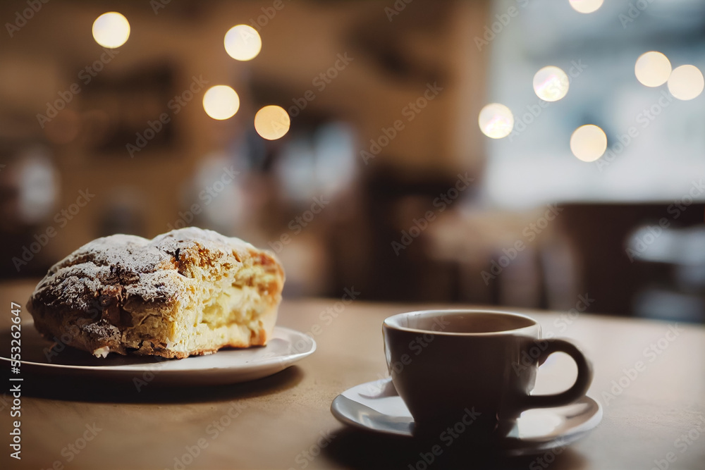 Closeup delicious English scones on a white plate, background in a cafe, bokeh light, laid back relaxed atmosphere, generate ai. Closeup delicious English scones on a white plate, background in a cafe, bokeh light, laid back relaxed atmosphere, generate ai.