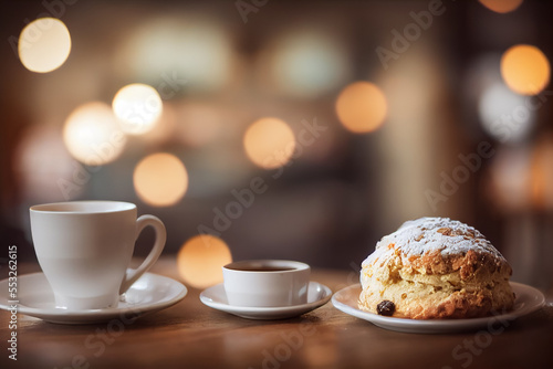 Closeup delicious English scones on a white plate, background in a cafe, bokeh light, laid back relaxed atmosphere, tea time, breakfast.	 