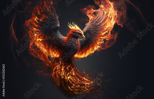 Illustration of a phoenix in fire. Symbol of rebirth. Fenix with burning wings and feathers. Firebird on black background. Generative AI