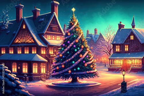 Christmas pine tree in the center of a village. Main square of a town. Merry Christmas. Happy new year. Cartoon illustration. Generative AI
