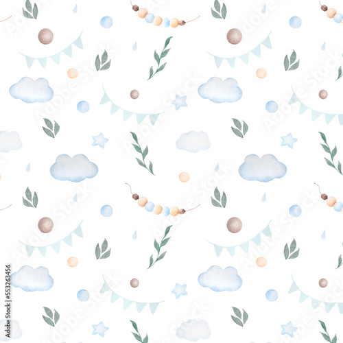 Watercolor seamless pattern with clouds  balls  flags  drops and stars in blue colors on white background