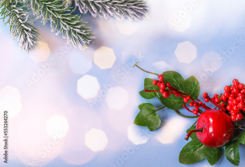 Festive Christmas ornaments and decorations on blue paper background.