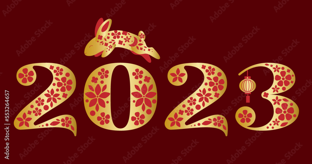 chinese new year 2023 gold rabbit zodiac sign with red flower and lanter