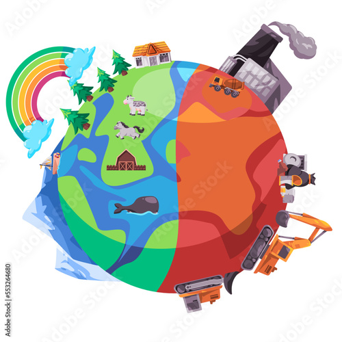 earth in destruction exploited planet compared to green ecological sustainable icon vector illustration