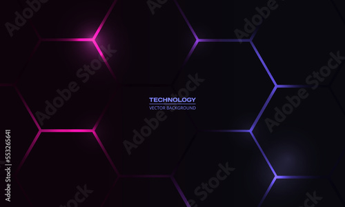 Dark hexagon abstract technology background with pink and blue colored bright flashes under hexagon. Hexagonal gaming vector abstract tech background.