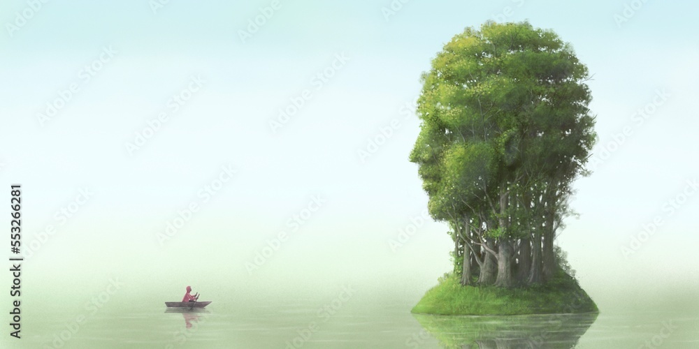 Fototapeta premium Concept art of environment, life, nature, spiritual, ecology, brain, mental health, tranquility, calm, peaceful and hope. Conceptual artwork. surreal landscape painting. The forest of human head.