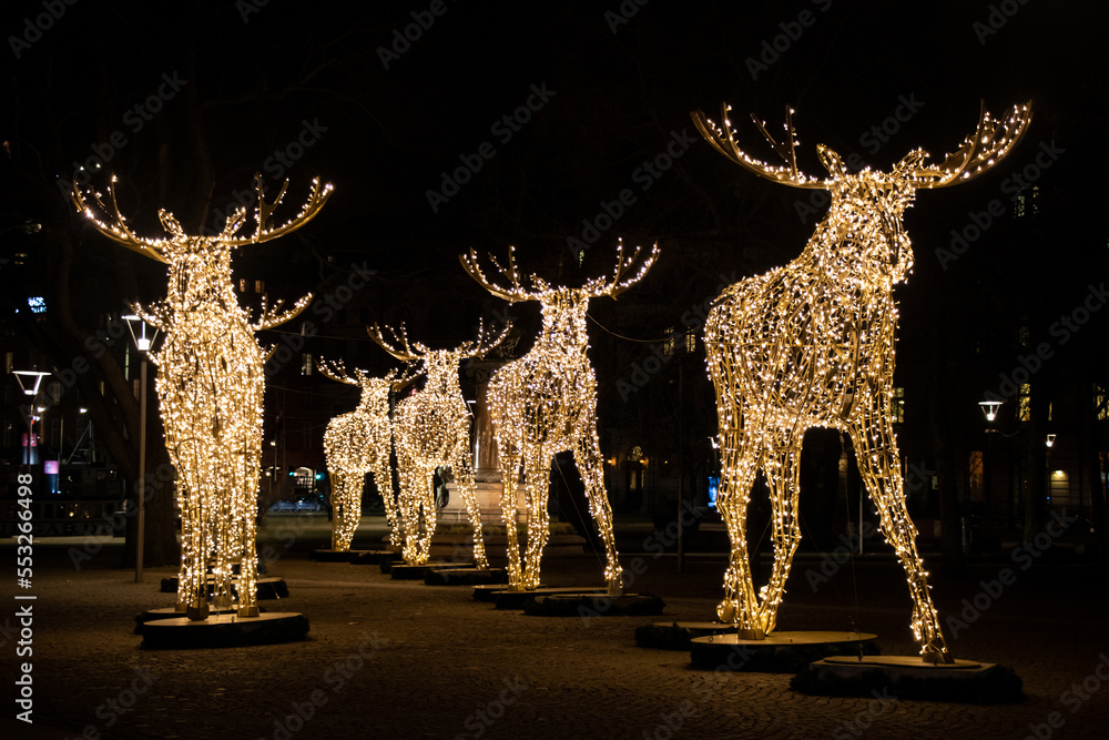 Beautiful Christmas Decorations Reindeer and Warm decorative lights in Stockholm, Sweden