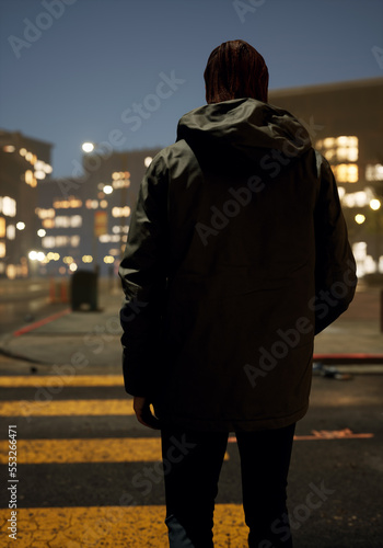 Man in coat walks over a pedestrian crossing in a city at night. Rear view. 3D render.