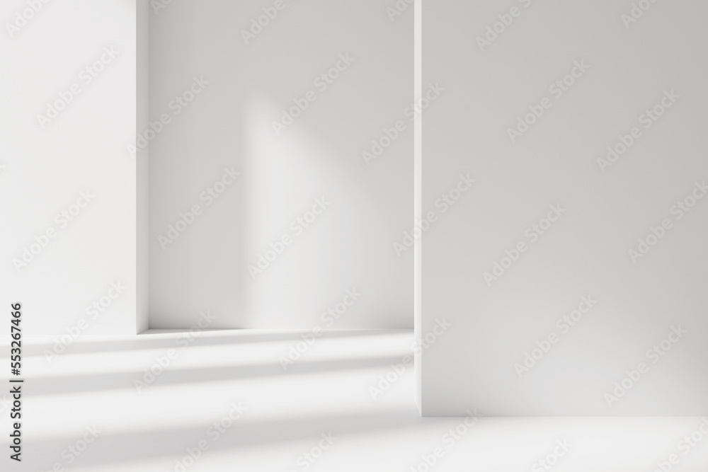 Close up abstract white empty room interior design. 3d render illustration with soft shadows. Abstract minimal architectural white walls background.3d illustration Close up abstract white empty room interior design. 3d render illustration with soft shadows. Abstract minimal architectural white walls background.3d illustration