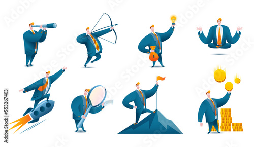 A man in a business suit is looking for a goal and finds a good idea. A set of vector illustrations on the topic of investing and doggie ideas.