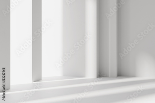 White sunny bright room conceptual design 3d banner background. Abstract minimal architectural background space. White columns with soft side shadows. 3d rendering illustration © Washdog