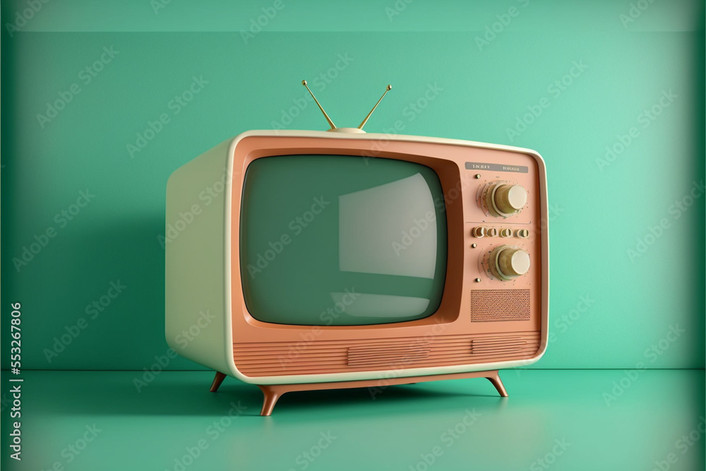 TV room. Vintage television on a painted wall background.